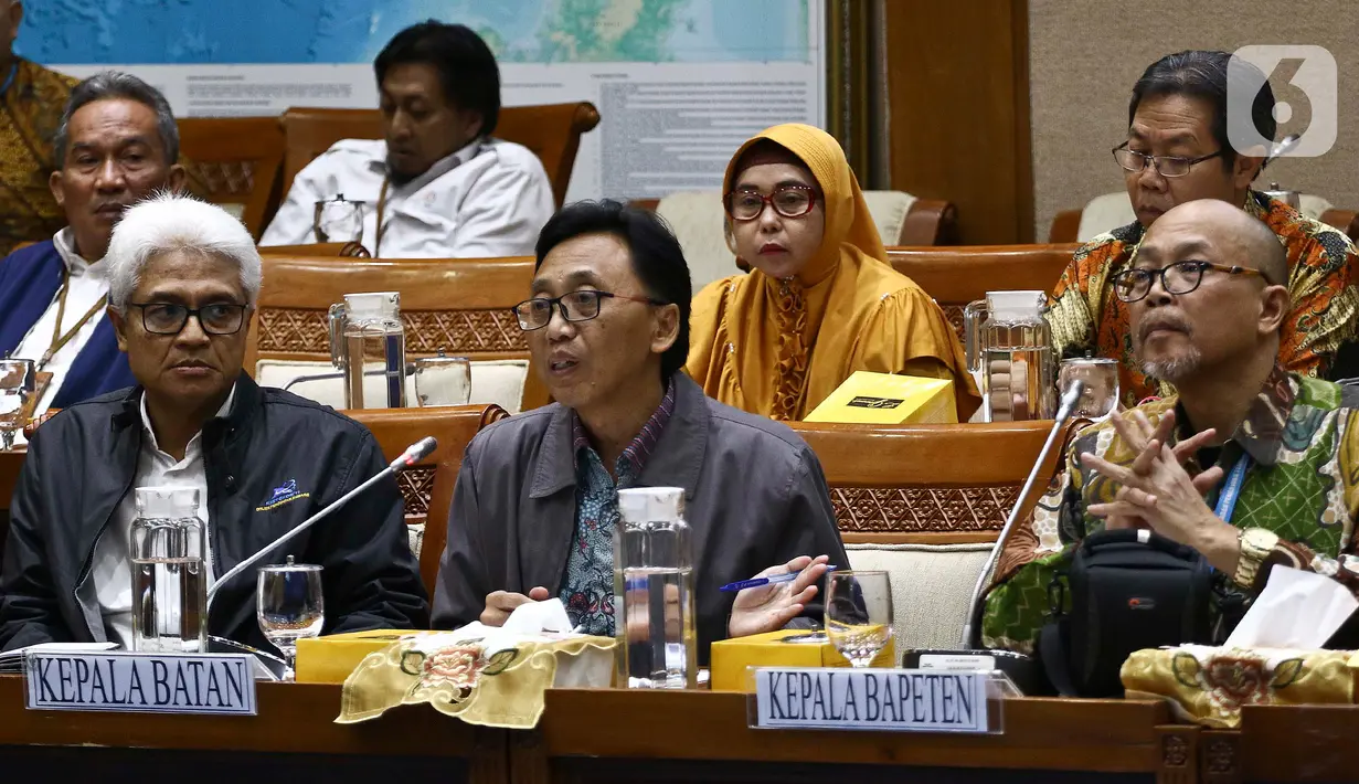 Kepala Badan Tenaga Nuklir Nasional (Batan), Anhar Riza Antariksawan dan Kepala Badan Pengawasan Tenaga Nuklir (Bapeten), Jazi Eko Istiyanto (kanan) memberikan paparan saat Rapat Dengar Pendapat dengan Komisi VII DPR di Kompleks Parlemen Jakarta, Kamis (20/2/2020). (Liputan6.com/Johan Tallo)