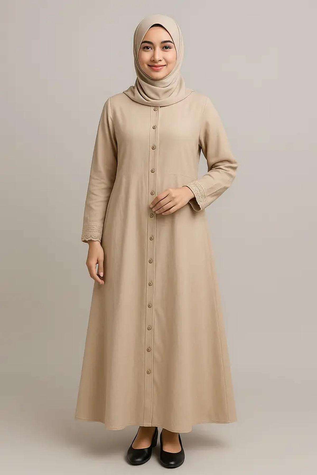 5 Model Gamis Syar'i dengan Aksen Kancing Depan, Cocok untuk Busui