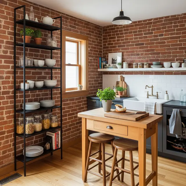 Dapur Rumah Kecil dengan Kombinasi Bata Ekspos dan Rak Besi Hitam