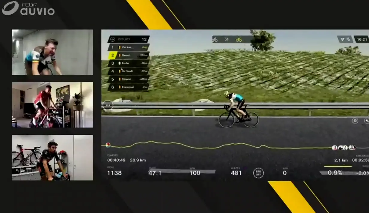 Gambar dari saluran Belgia RTBF menunjukkan perlombaan Tour of Flanders yang diselenggarakan secara virtual, (5/4/2020). Sebanyak 13 atlet sepeda berpartisipasi dalam balapan virtual ini. (AFP/Belga)