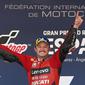 Jack Miller lakukan selebrasi usai finis pertama balapan MotoGP Jerez 2021 hari Minggu (02/05/2021). (PIERRE-PHILIPPE MARCOU / AFP)