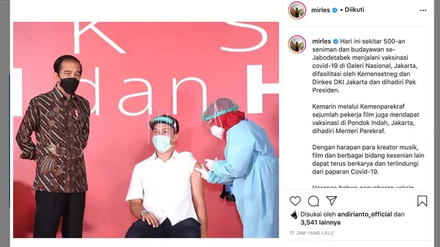 Unggahan Mira Lesmana soal Nicholas Saputra divaksinasi. (Foto: Instagram @mirles)