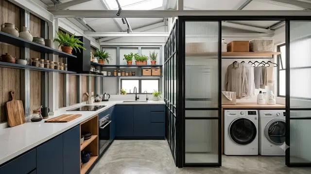 Dapur Kecil Baja Ringan Menyatu dengan Area Cuci Jemur
