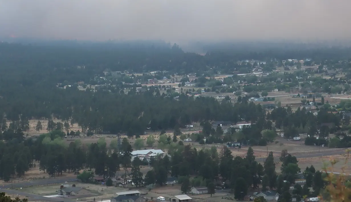 <p>Asap mengepul memancarkan cahaya di atas lingkungan di atas lingkungan di pinggiran Flagstaff, Arizona, Minggu (12/6/2022). Evakuasi telah diperintahkan untuk rumah-rumah di daerah tersebut. Pihak berwenang mengatakan petugas pemadam kebakaran menanggapi kebakaran hutan sekitar enam mil di utara Flagstaff yang telah memaksa evakuasi. (AP Photo/Felicia Fonseca)</p>