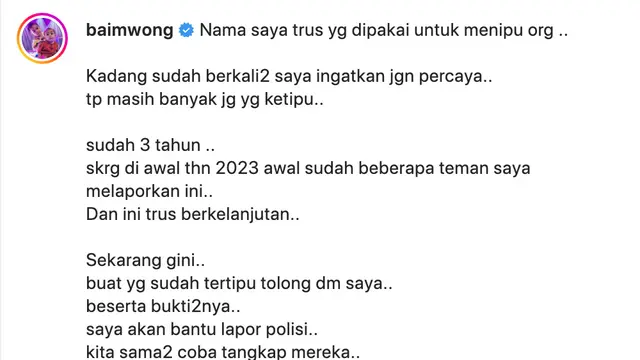Unggahan Baim Wong soal kasus penipuan berkedok giveaway. (Foto: Dok. Instagram @baimwong)