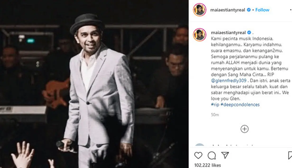 Lewat akun Instagramnya, Maia mengunggah foto sang musisi ternama itu. Ia menuliskan kalimat ungkapan duka, terlebih Maia dan Glenn sama-sama bergerak di industri musik. Tentu banyak kenangan yang mereka lalui. (Instagram/maiaestiantyreal)