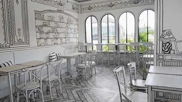 Cafe unik dengan dekorasi interior bertema dunia 2 dimensi yang menarik untuk diintip.