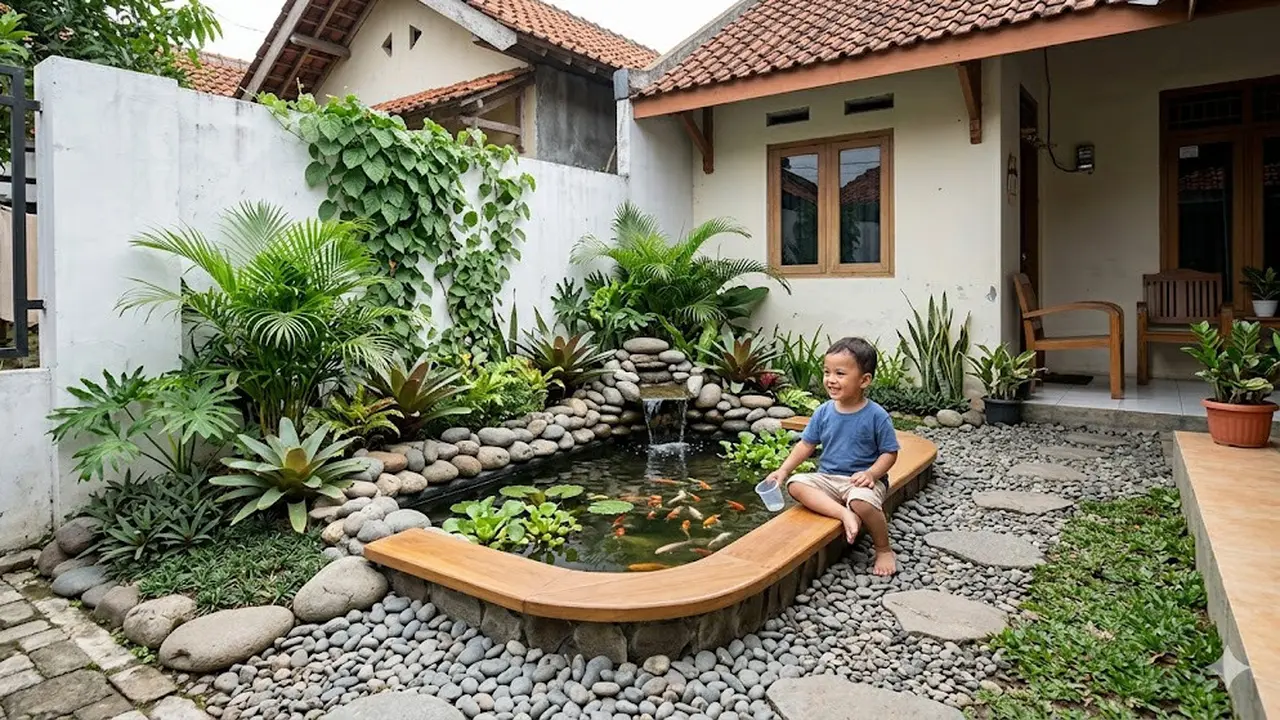 9 Ide Taman Minimalis dengan Kolam Ikan Kecil Ramah Anak, Estetik dan Aman