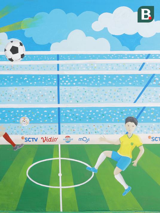 <p>Warga menyelesaikan pembuatan mural bertema Piala Dunia 2022 di Perum Depok Maharaja Blok M1 Cluster Cemara, Rangkapan Jaya, Depok, Jawa Barat, Minggu (30/10/2022). (Bola.com/M Iqbal Ichsan)</p>