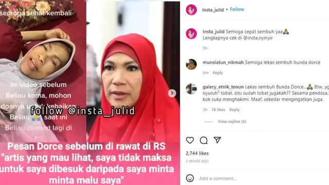 Unggahan Dorce Gamalama dikabarkan masuk rumah sakit dalam kondisi koma alias tak sadarkan diri di akun gosip Instagram (https://www.instagram.com/p/CZxrrfrv65q/)