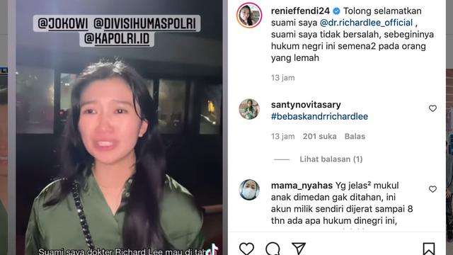 Unggahan Reni Effendi terkait penangkapan dr. Richard Lee. (Foto: Instagram @renieffendi24)