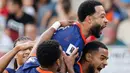 Memphis Depay melakukan selebrasi setelah mencetak gol ke gawang Lithuania dalam lanjutan kualifikasi Piala Dunia 2026 yang digelar pada Minggu (7/9/2025) malam. (AP Photo/Mindaugas Kulbis)
