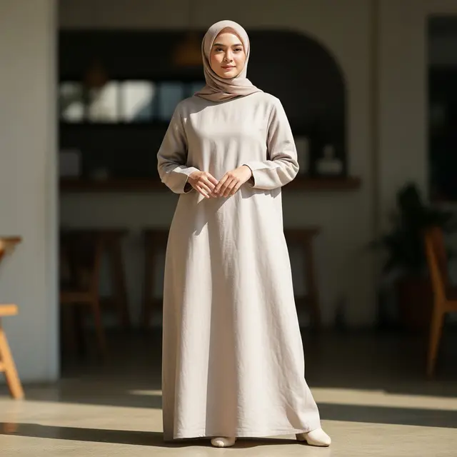 9 Model Gamis Linen Simple Warna Nude, Pilihan Busana Muslimah Modern