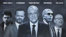 Ilustrasi - Andrea Agnelli, Ed Woodward, Florentino Perez, Stan Kroenke, Joel Glazer dan JP Morgan (Bola.com/Adreanus TItus)
