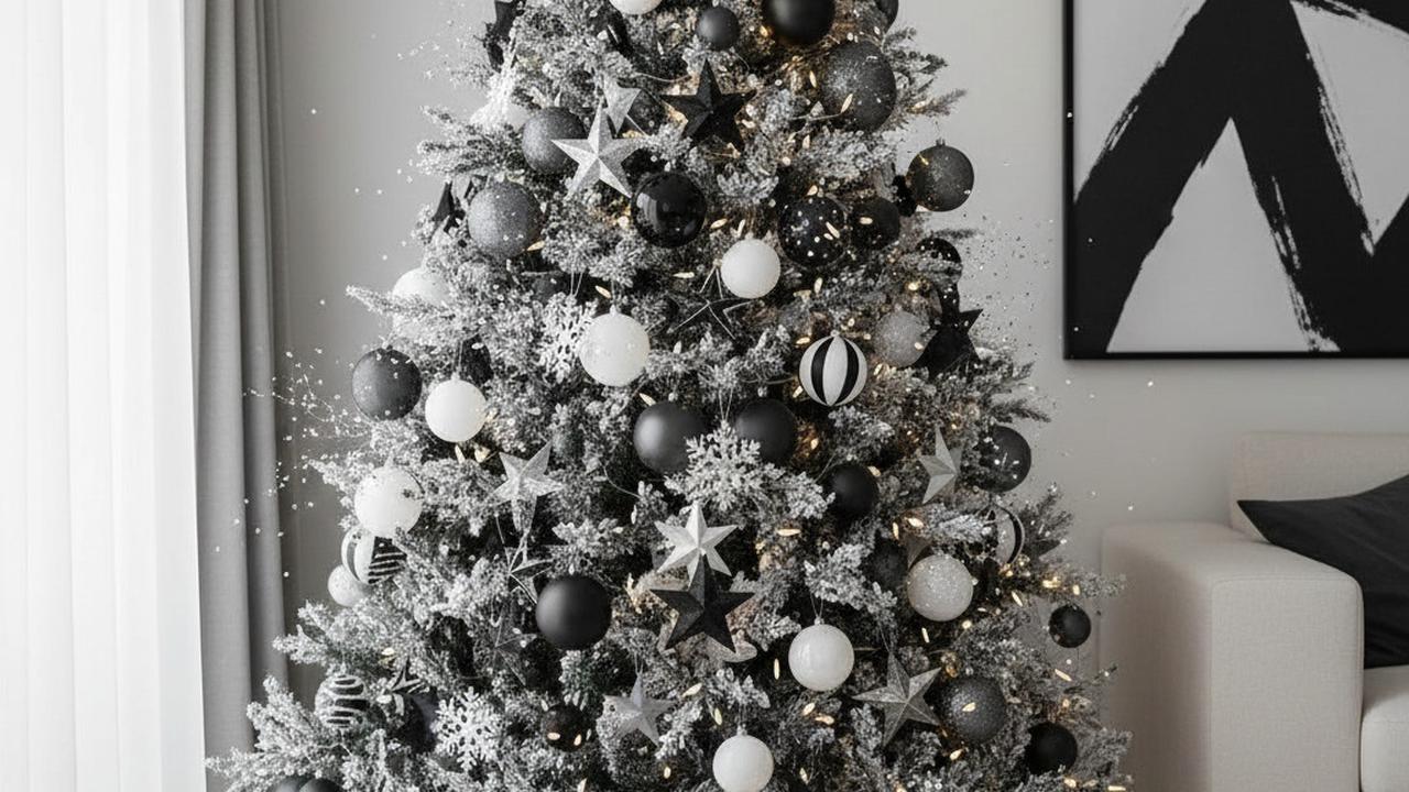 Pohon Natal Bergaya Monokrom dengan Sentuhan Glitter