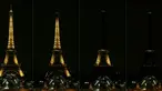 Kombinasi gambar c menunjukkan landmark kota Paris, Menara Eiffel saat lampu dimatikan untuk menghormati para korban serangan di sinagog, tempat peribadatan pemeluk Yahudi, di Pittsburgh, Pennsylvania. (Zakaria ABDELKAFI/AFP)