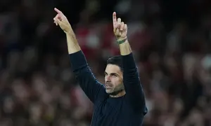Manajer Arsenal, Mikel Arteta dalam pertandingan Liga Inggris melawan Coventry City di London, Sabtu (22/8/2026). (AP Photo/Kirsty Wigglesworth)