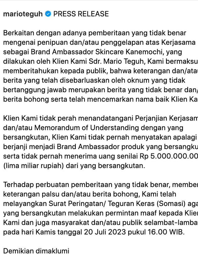 Klarifikasi pihak Mario Teguh soal dugaan penipuan dan penggelapan uang Rp 5 miliar. (Foto: Dok. Instagram @marioteguh)