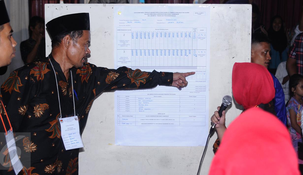 Petugas KPPS menunjuk hasil penghitungan surat suara Pilkada DKI Jakarta putaran 2 di TPS 027, Kebagusan, Jakarta, Rabu (19/4). Pasangan Anis Baswedan-Sandiaga Uno unggul 292-252. (Liputan6.com/Helmi Fithriansyah)