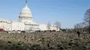 Ribuan sepatu menutupi halaman rumput di depan Gedung Capitol, Washington DC, Selasa (13/3). Sekitar 7000 ribu pasang sepatu dengan berbagai model diletakkan dan disusun secara trapesium. (Paul Morigi/AP Images for AVAAZ)