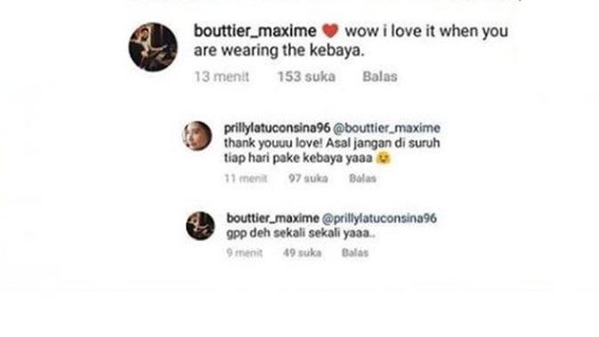 Komentar antara Prilly Latuconsina dan Maxime Bouttier (Instagram/@prillylatuconsina96)