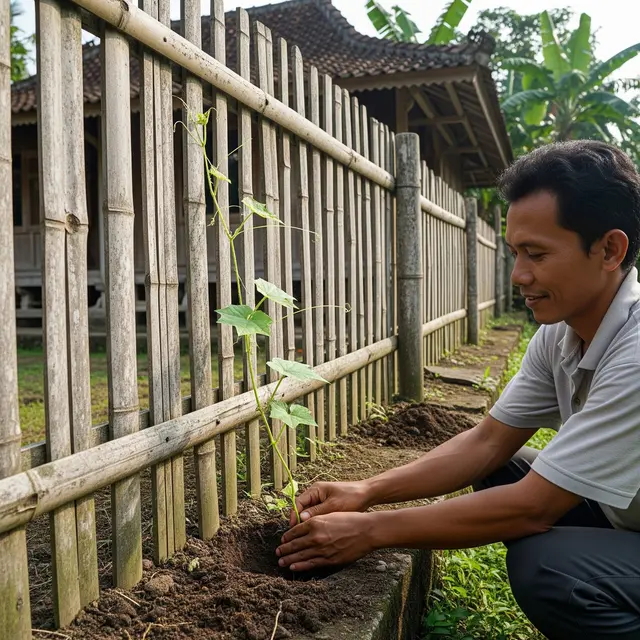 Kebun Labu Siam Rambat di Pagar Bambu (Gemini AI)