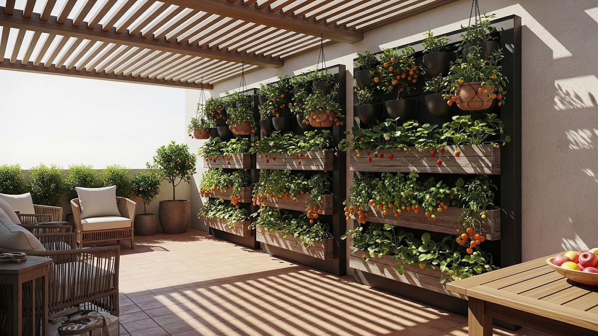 10 Desain Teras Semi Terbuka dengan Kebun Vertikal dari Tanaman Buah Kecil