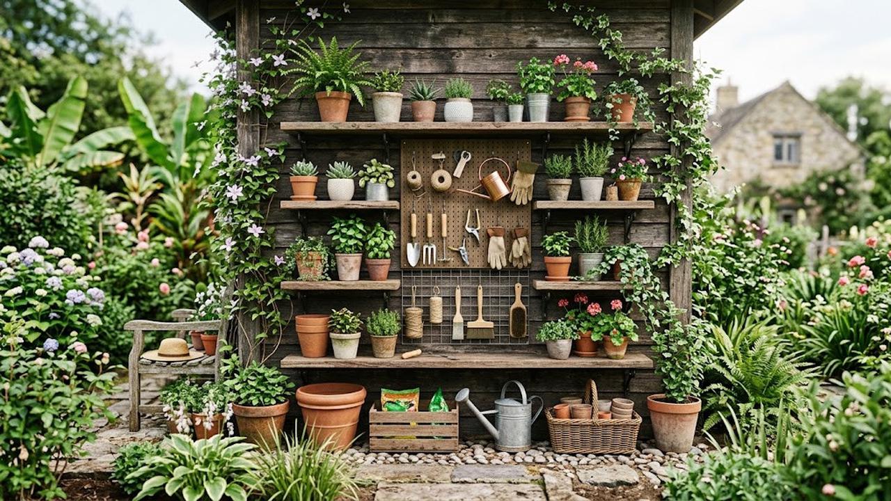 Ide Tempat Penyimpanan Pot dan Alat Berkebun yang Menyatu dengan Taman/AI Generated
