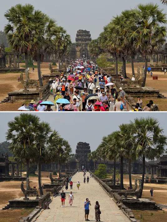 Wisatawan mengunjungi Kuil Angkor Wat di Provinsi Siem Reap pada 16 Maret 2019 (atas) dan pada 5 Maret 2020. (TANG CHHIN Sothy/AFP)