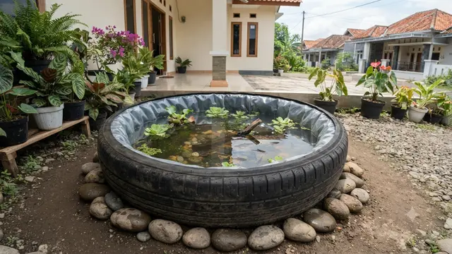 Ide Kolam Mini dari Barang Bekas Model Pemanfaatan Ban Mobil Bekas