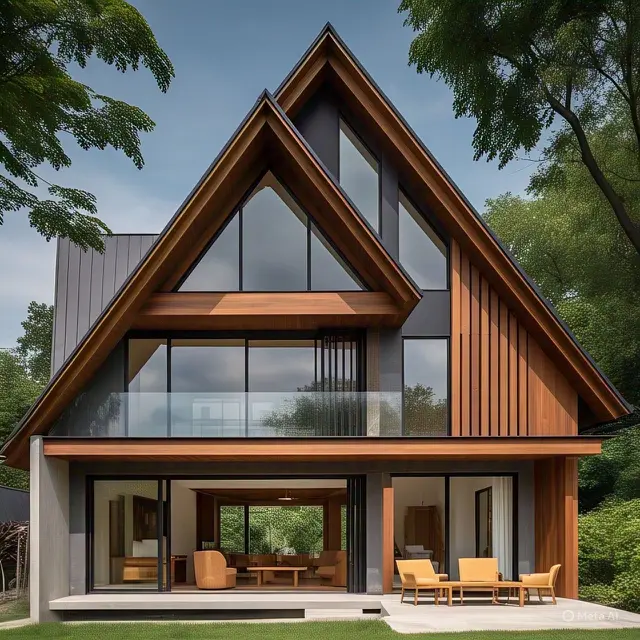 Model Rumah 2 Lantai Atap Segitiga dengan Aksen Kayu