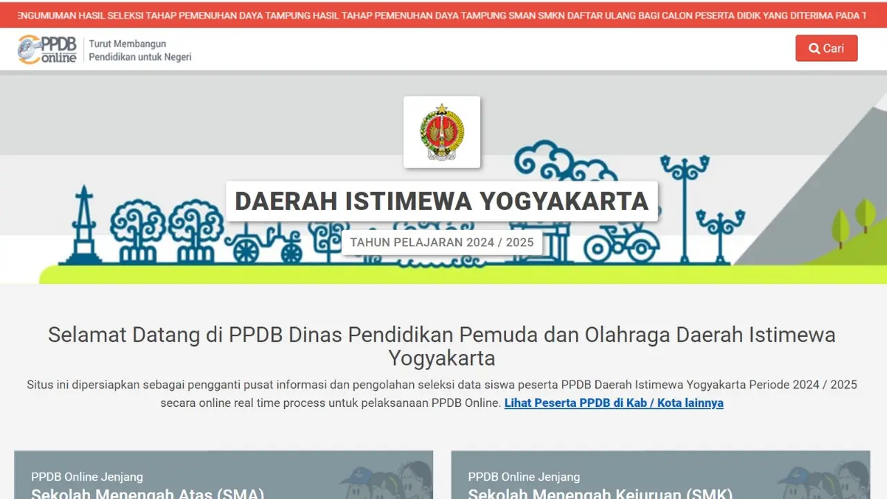 Penerimaan Peserta Didik Baru atau PPDB 2024 di Kota Yogyakarta, Provinsi Daerah Istimewa Yogyakarta (DIY).