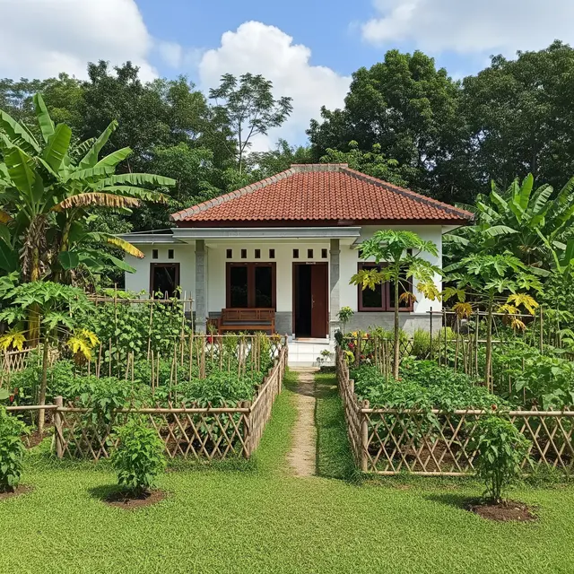 Rumah 1 Lantai di Kampung dengan Pepohonan di Sekitar Rumah (Gemini AI)