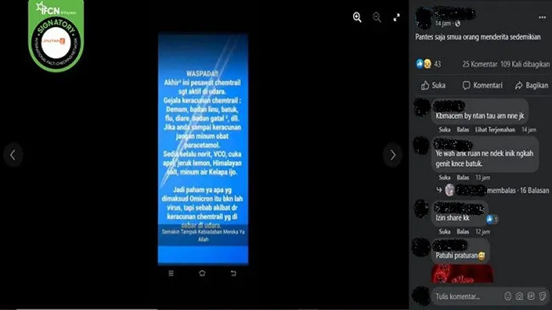 Gambar Tangkapan Layar Klaim tentang COVID-19 Varian Omicron Muncul Akibat Keracunan Chemtrail di Udara (sumber: Facebook).