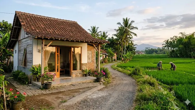 Contoh Rumah Sederhana di Desa Dekat Persawahan dan Jalan Desa