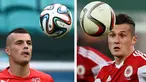 Pemain Albania Taulant Xhaka (kanan) dan pemain Swiss, Granit Xhaka. Kedua kakak beradik ini harus mengikuti gelaran piala Eropa 2016 dengan membela negara yang berbeda.(GENT SHKULLAKU ANNE-CHRISTINE POUJOULAT / AFP)