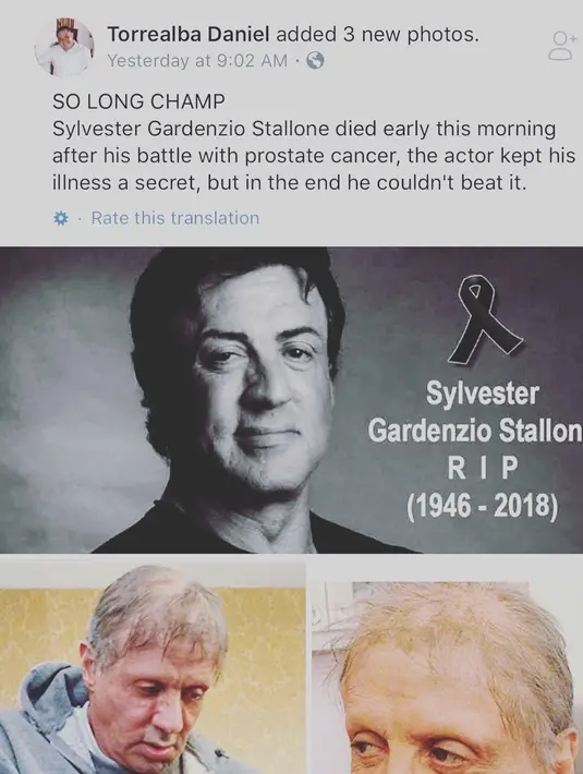 Kabar itu kembali hadir usai seorang pengguna Facebook bernama Torrealba Daniel menuliskan bahwa aktor Rocky tersebut meninggal akibat kanker. (instagram/officialslystallone)