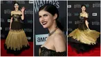 Foto kolase saat&nbsp;Alexandra Daddario, pemeran dalam "Anne Rice's Mayfair Witches" memutar gaunnya saat menghadiri pemutaran perdana serial televisi AMC di Harmony Gold Preview House, Los Angeles, Amerika Serikat, 7 Desember 2022. (AP Photo/Chris Pizzello)