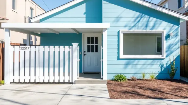 Rumah Biru dengan Carport dan Pagar Putih