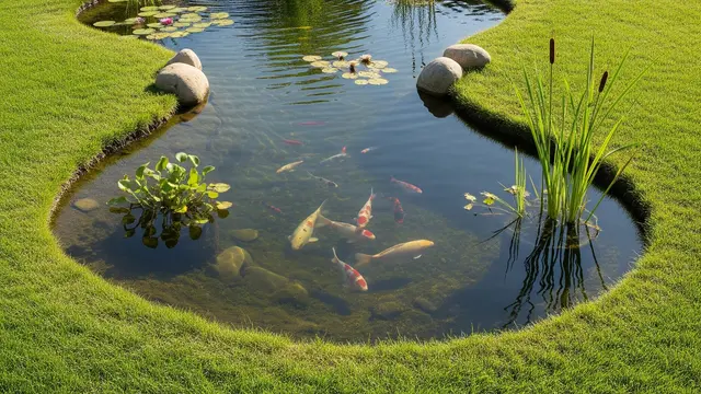 Ide Halaman Belakang Rumah dengan Kolam Ikan Kecil Alami (AI)