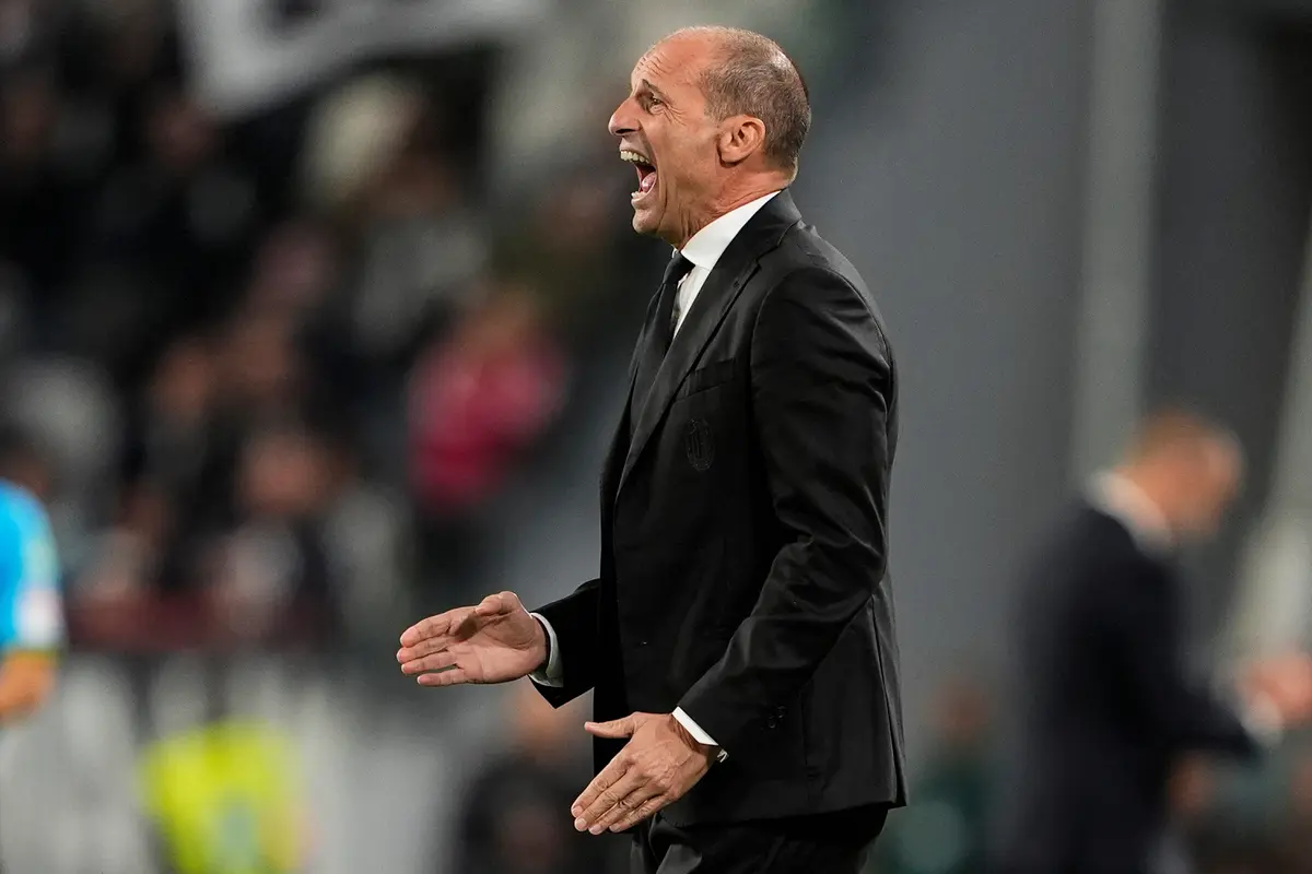 Massimiliano Allegri di laga Juventus vs AC Milan di pekan ke enam Serie A 2025/2026 di Allianz Stadium, Senin (06/10/2025). (Fabio Ferrari/LaPresse via AP)