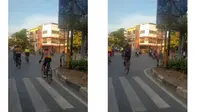 Tangkapan layar video viral rombongan pesepeda terobos lampu merah (Liputan6.com/Fauzan)