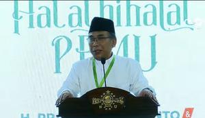 Ketum PBNU Gus Yahya di acara halal bihalal. Acara halal bihalal PBNU ini dihadiri presiden dan wapres terpilih, Prabowo Subianto dan Gibran Rakabuming Raka. (Foto: Istimewa)