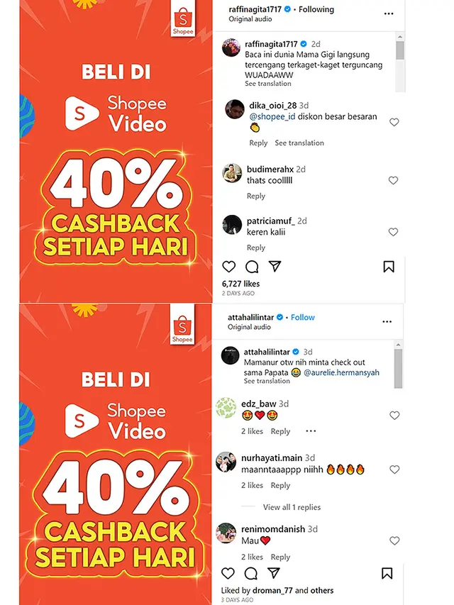 Postingan Raffi Ahmad dan Atta Halilintar yang dikomentari warganet