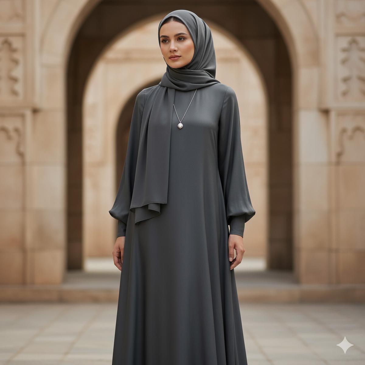 Gamis Polos Abu Tua A-Line dengan Lengan Balon (Puffy Sleeves) dan Kerah Tinggi