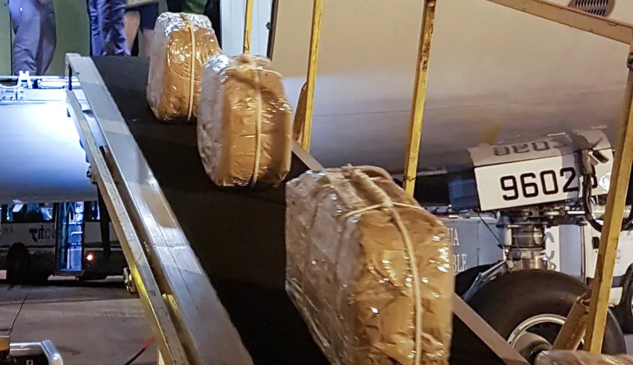 Sebanyak 400 kilogram kokain berhasil diamankan polisi setempat di bandara Buenos Aires, Argentina (22/2). Menurut pejabat setempat kokain yang ditemukan tersebut memiliki nilai sekitar Rp 828 miliar. (HO / Argentina's Security Ministry / AFP)