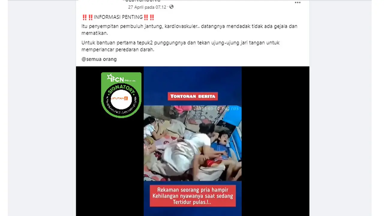 Tangkapan layar klaim penanganan pertama penyempitan pembuluh jantung dengan tepuk punggung dan tekan ujung jari