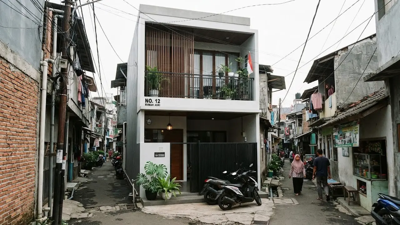 Desain rumah 2 lantai di gang sempit tanpa halaman depan yang bisa jadi resolusi hunian minimalis elegan di 2027