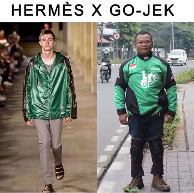 Hermes mengeluarkan koleksi jaket berwarna hijau yang dibilang mirip dengan jaket hijau khas Go-Jek. 