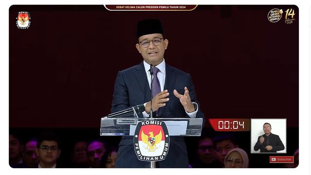 Calon Presiden (Capres) nomor urut 01 Anies Baswedan saat debat Pilpres 2024 terakhir yang digelar Minggu (4/2/2024) di Jakarta Convention Center (JCC), Senayan, Jakarta Pusat.